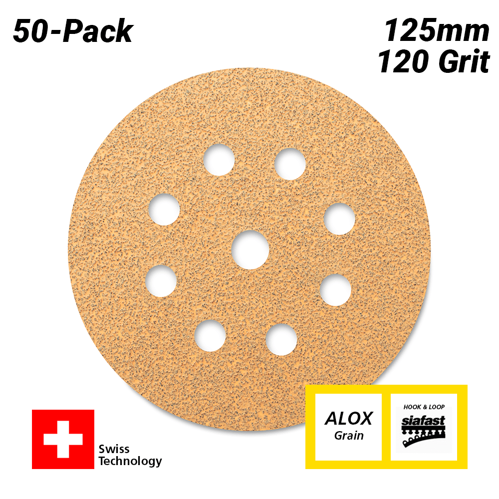 Sia Abrasives F03E02DD38 50-Pack 125mm 120 Grit Universal 9-Hole Hook & Loop Sanding Disc