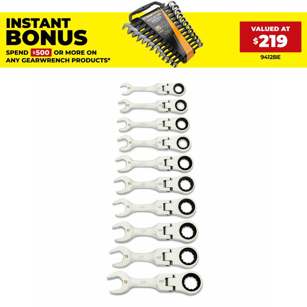GEARWRENCH 86870 10pce 90-Tooth 12 Point Metric Stubby Flex Ratcheting Combination Wrench Set