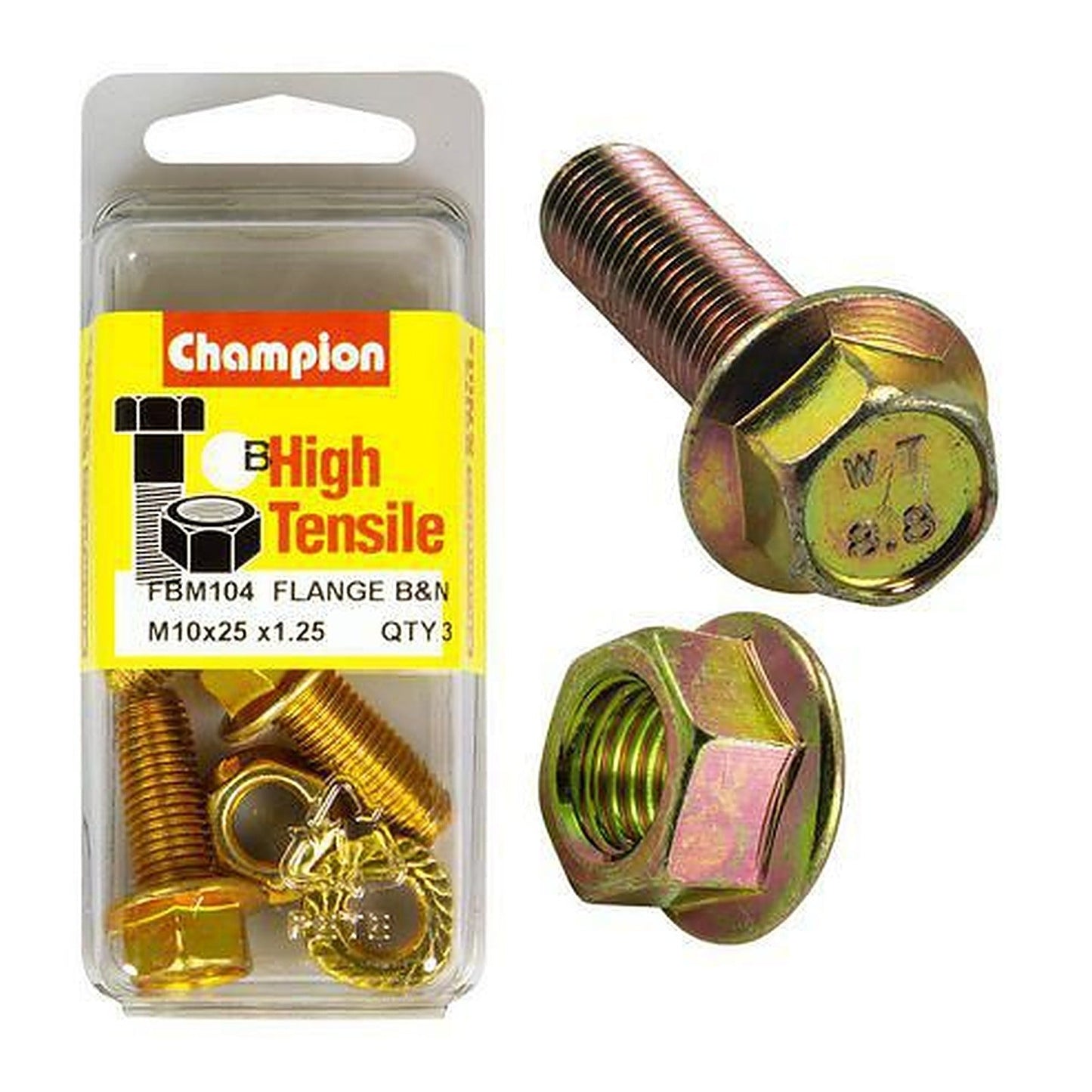 Champion High Tensile Hex Flange Bolts & Nuts M10 x 25 x 1.25mm 14AF Grade 8.8 — Pack of 6