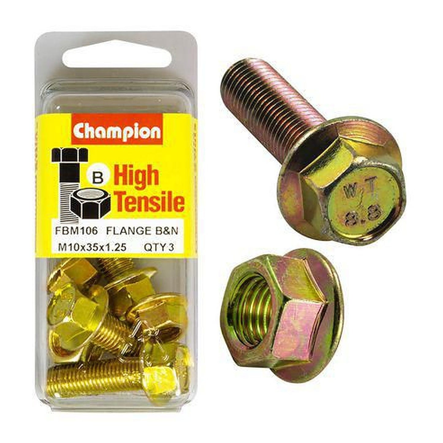 Champion High Tensile Hex Flange Bolts & Nuts M10 x 35 x 1.25mm 14AF Grade 8.8 — Pack of 6