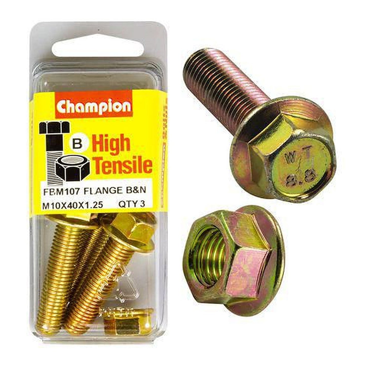 Champion High Tensile Hex Flange Bolts & Nuts M10 x 40 x 1.25mm 14AF Grade 8.8 — Pack of 6