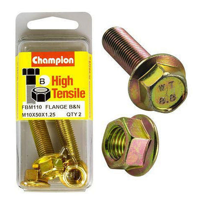 Champion High Tensile Hex Flange Bolts & Nuts M10 x 50 x 1.25mm 14AF Grade 8.8 — Pack of 4