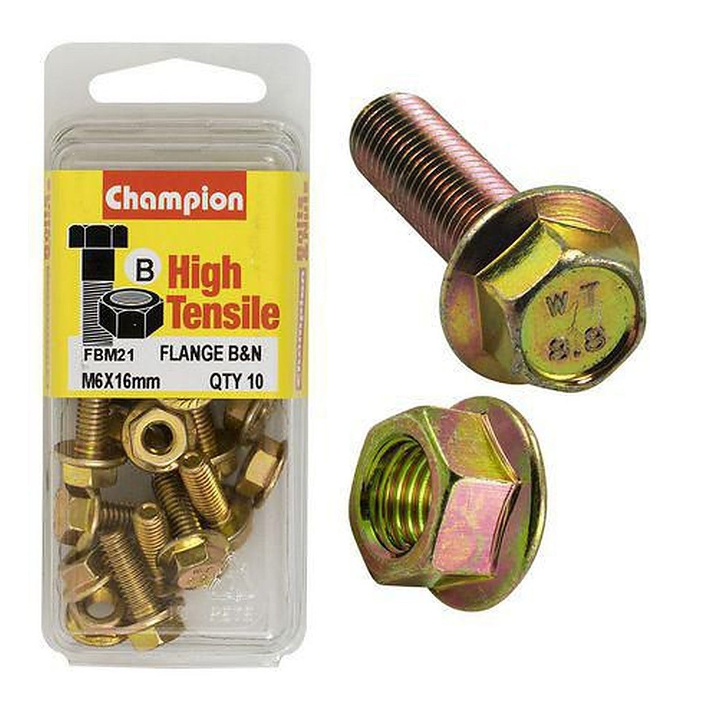 Champion High Tensile Flanged Hex Set Screws & Nuts M6 x 16mm 10AF Grade 8.8 — Pack of 20