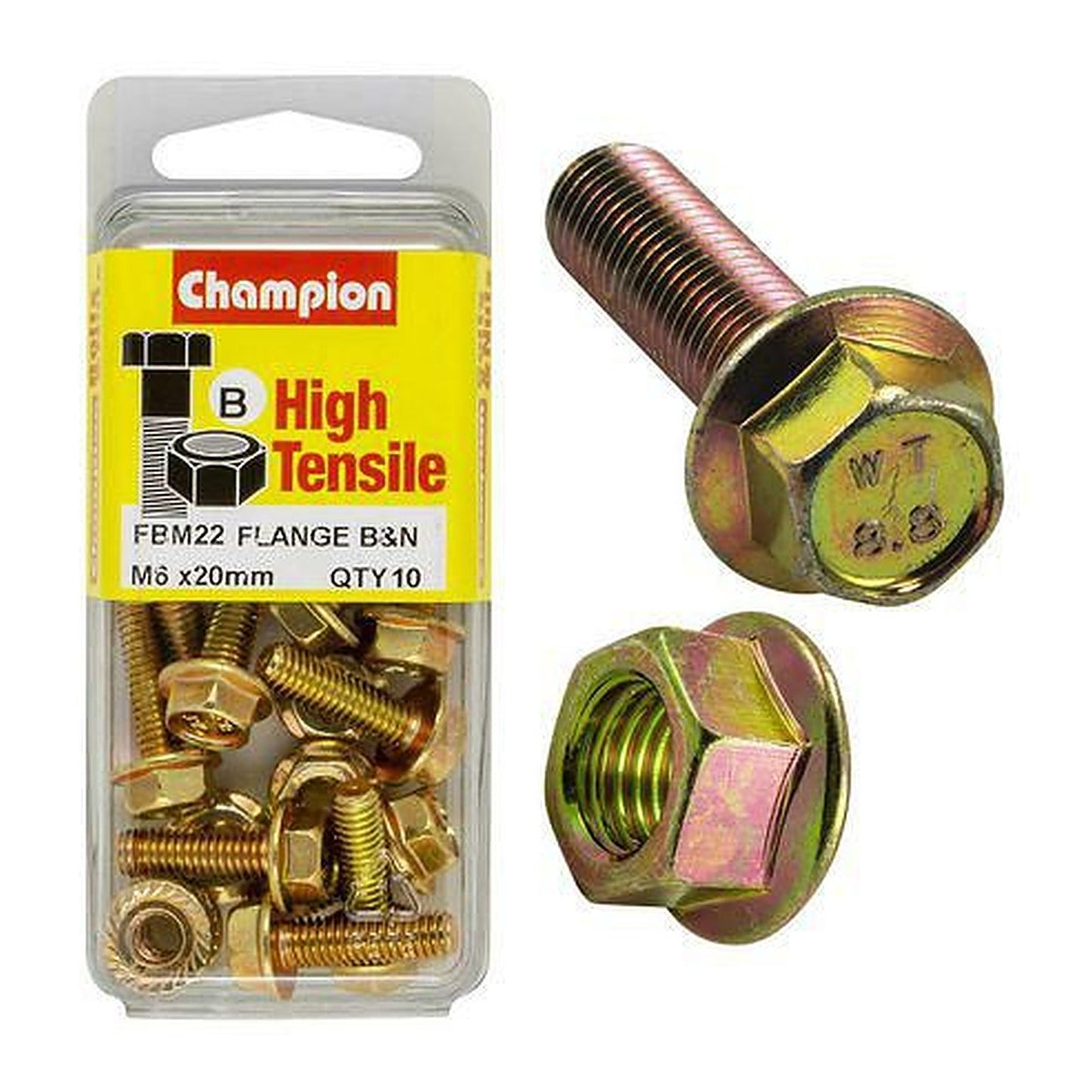 Champion High Tensile Flanged Hex Set Screws & Nuts M6 x 20mm 10AF Grade 8.8 — Pack of 20