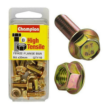 Champion High Tensile Flanged Hex Set Screws & Nuts M6 x 20mm 10AF Grade 8.8 — Pack of 20