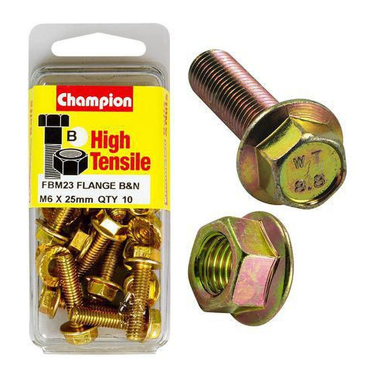 Champion High Tensile Flanged Hex Set Screws & Nuts M6 x 25mm 10AF Grade 8.8 — Pack of 20