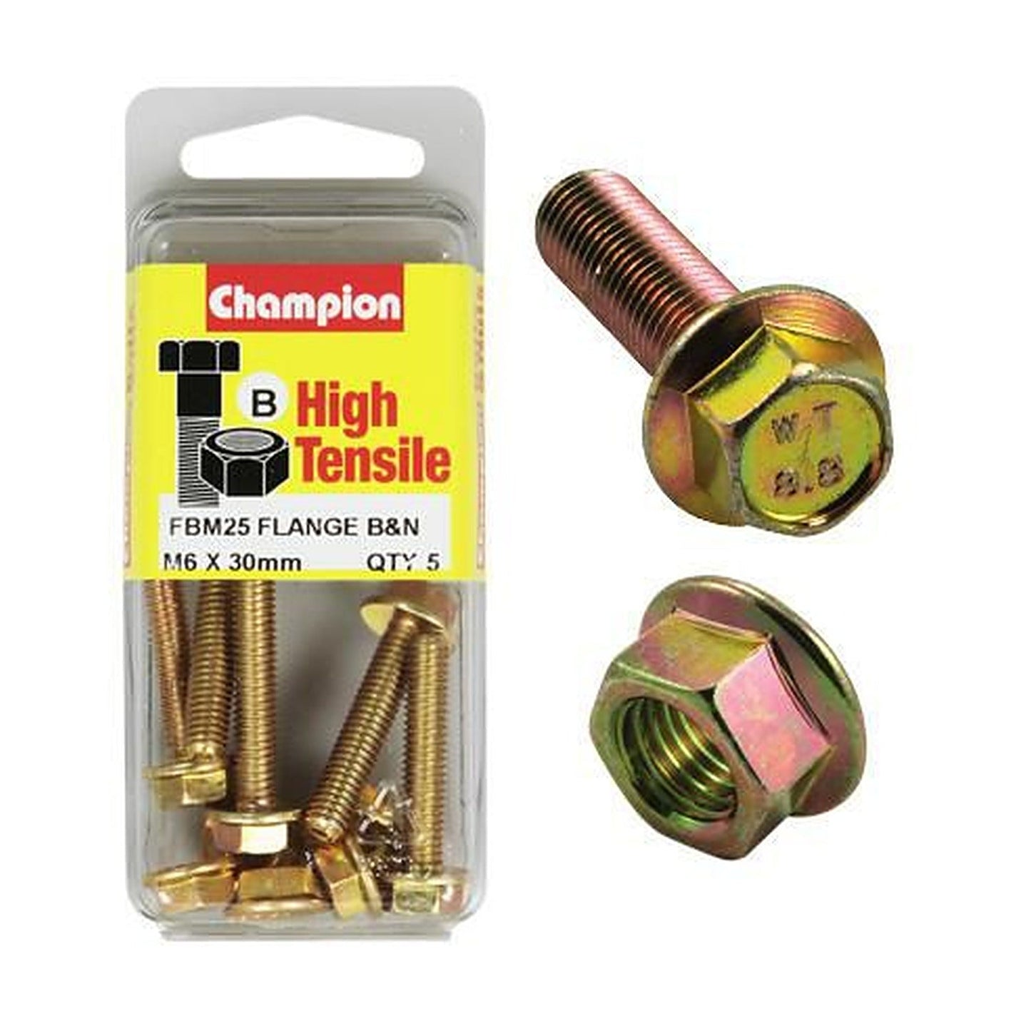 Champion High Tensile Flanged Hex Set Screws & Nuts M6 x 30mm 10AF Grade 8.8 — Pack of 10