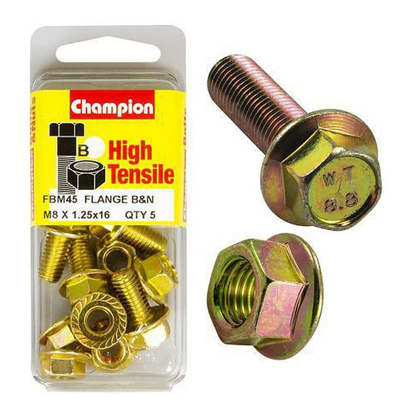 Champion High Tensile Flanged Hex Set Screws & Nuts M8 x 16mm 12AF Grade 8.8 — Pack of 10