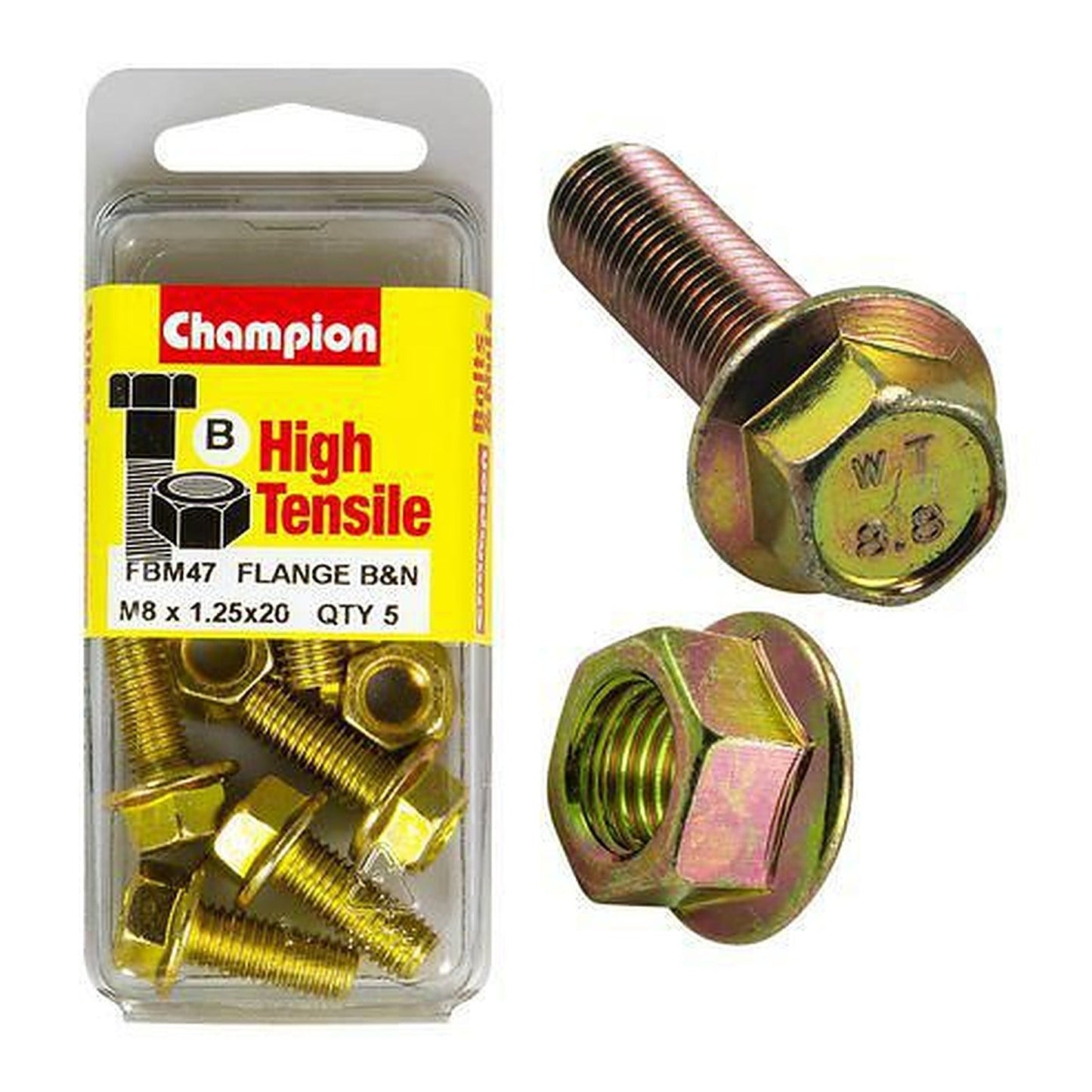 Champion High Tensile Flanged Hex Set Screws & Nuts M8 x 20mm 12AF Grade 8.8 — Pack of 10