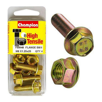 Champion High Tensile Flanged Hex Set Screws & Nuts M8 x 25mm 12AF Grade 8.8 — Pack of 8