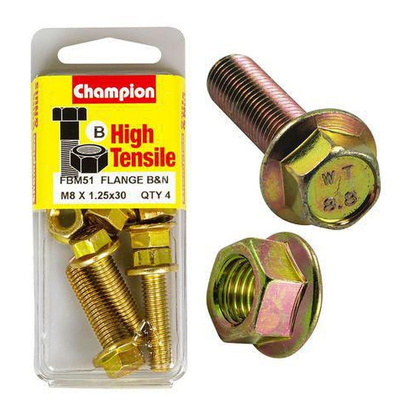 Champion High Tensile Flanged Hex Set Screws & Nuts M8 x 30mm 12AF Grade 8.8 — Pack of 8