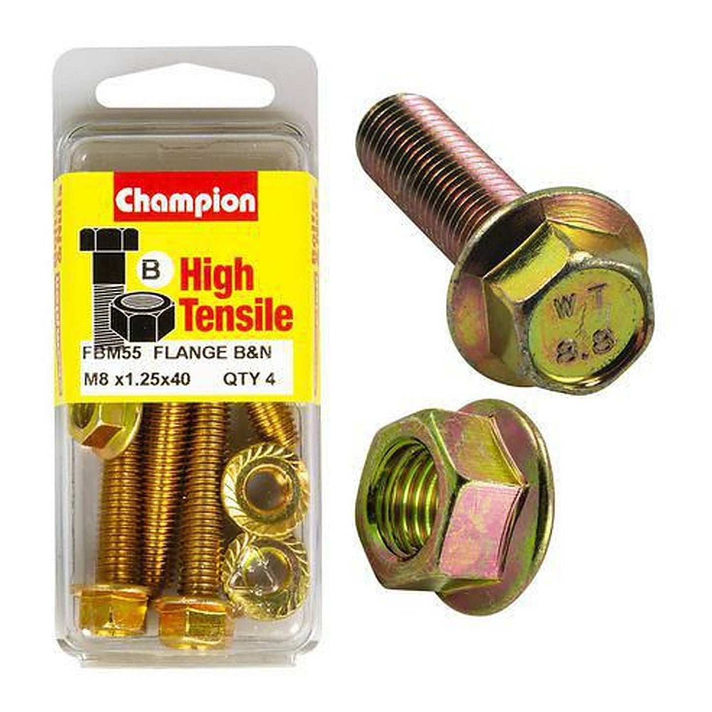 Champion High Tensile Flanged Hex Set Screws & Nuts M8 x 40mm 12AF Grade 8.8 — Pack of 8