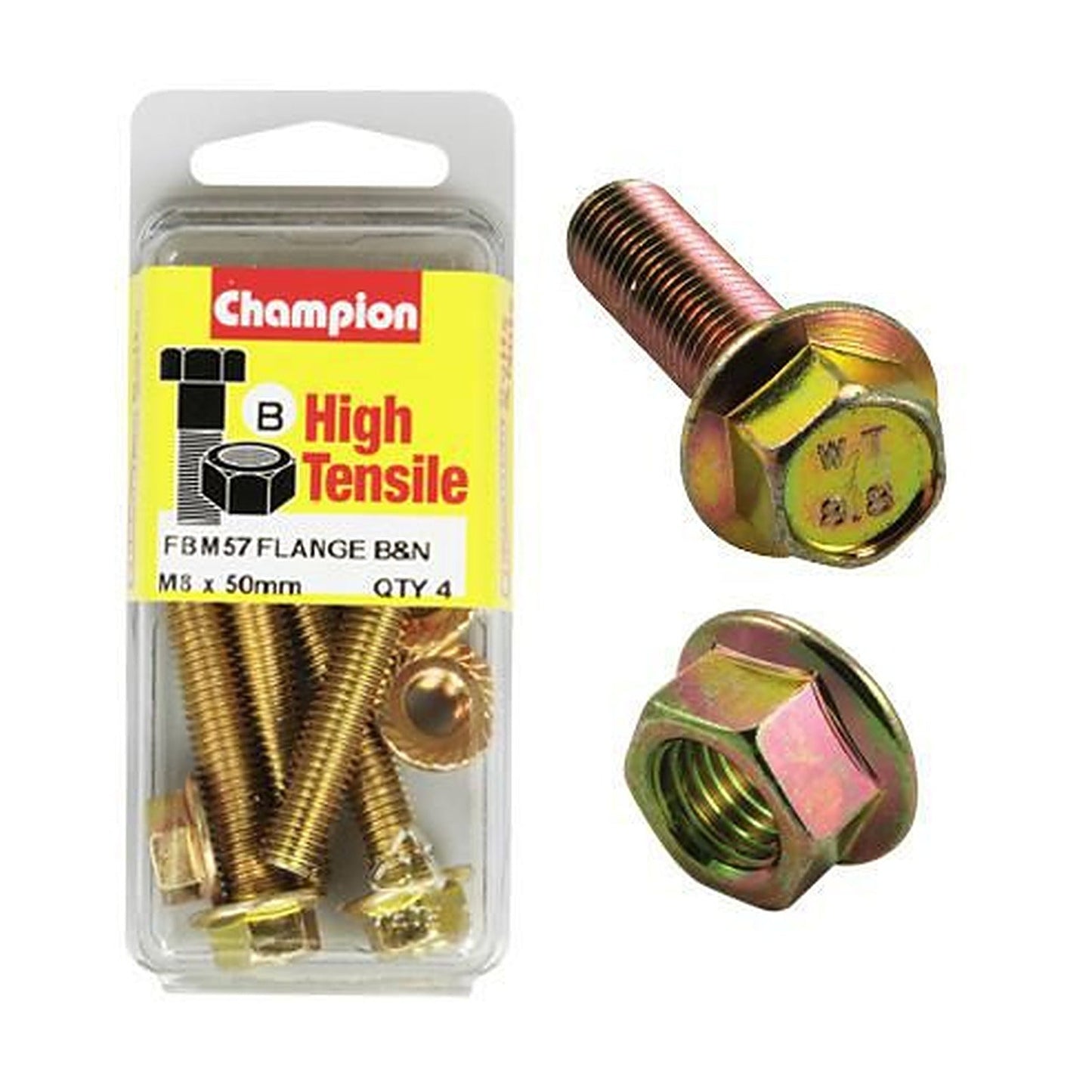 Champion High Tensile Flanged Hex Set Screws & Nuts M8 x 50mm 12AF Grade 8.8 — Pack of 8