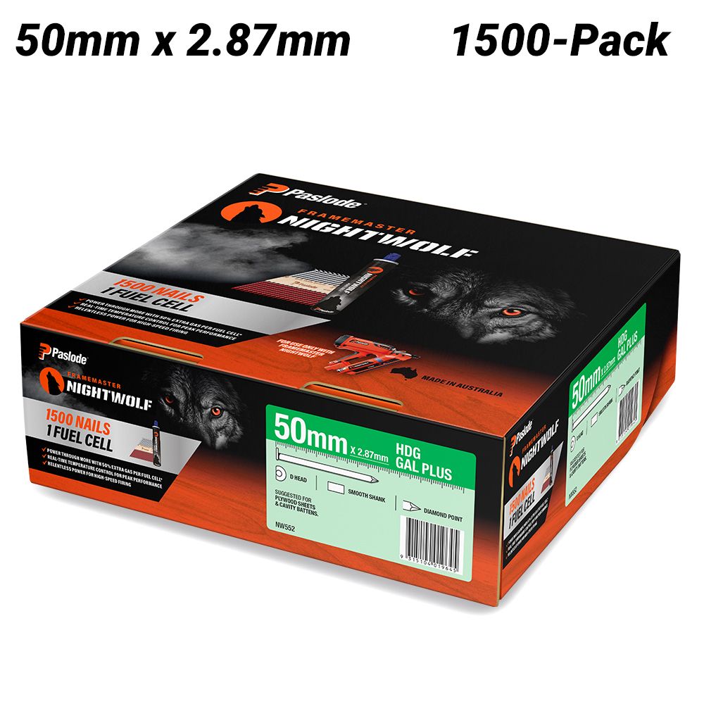 Paslode NW552 1500-Pack 50mm x 2.87mm HDG Gal Plus Framemaster Nightwolf D-Head Smooth Nails