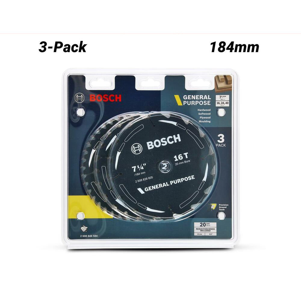 Bosch GP WOOD H 184X20-16 (2.608.644.584) EXPERT 3-Pack 184mm (7-1/4") 16T, 24T & 40T General Purpose Circular Saw Blades