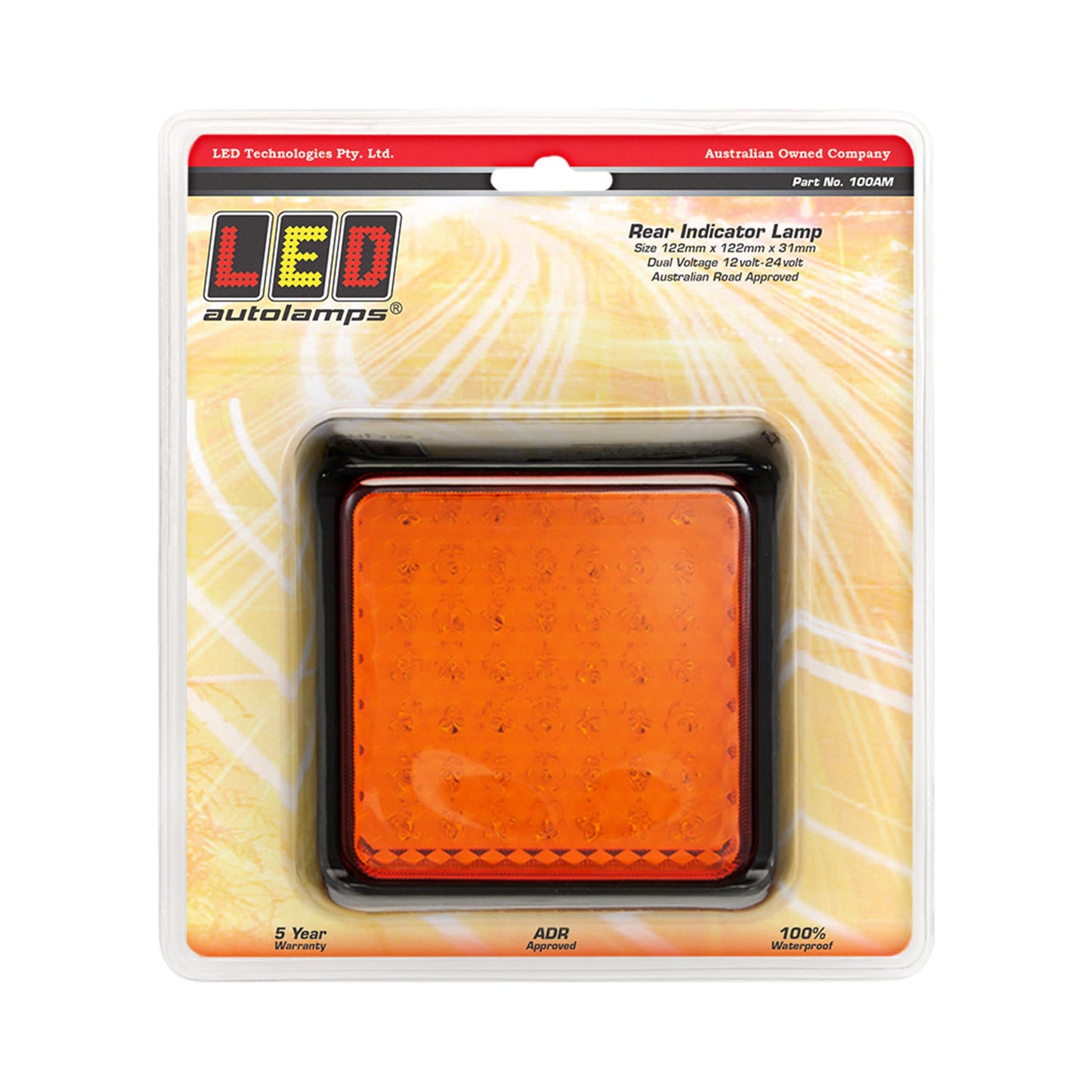 LED Autolamps 100 Series, Rear Indicator Lamp, Square, Black Bracket, 12/24 Volt, Single Blister - 100AM