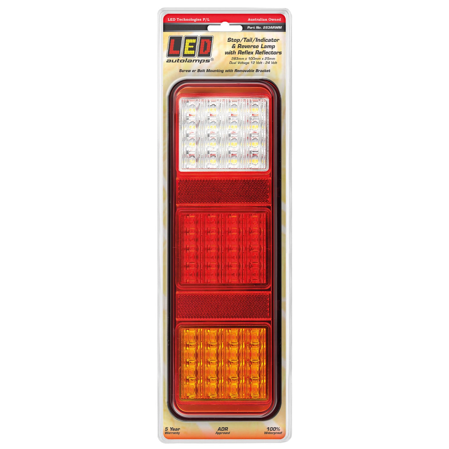 LED Autolamps 283 Series Rear Combination Lamp - Stop/Tail/Indicator/Reverse/Reflector - 12/24V - Single Blister - 283ARWM