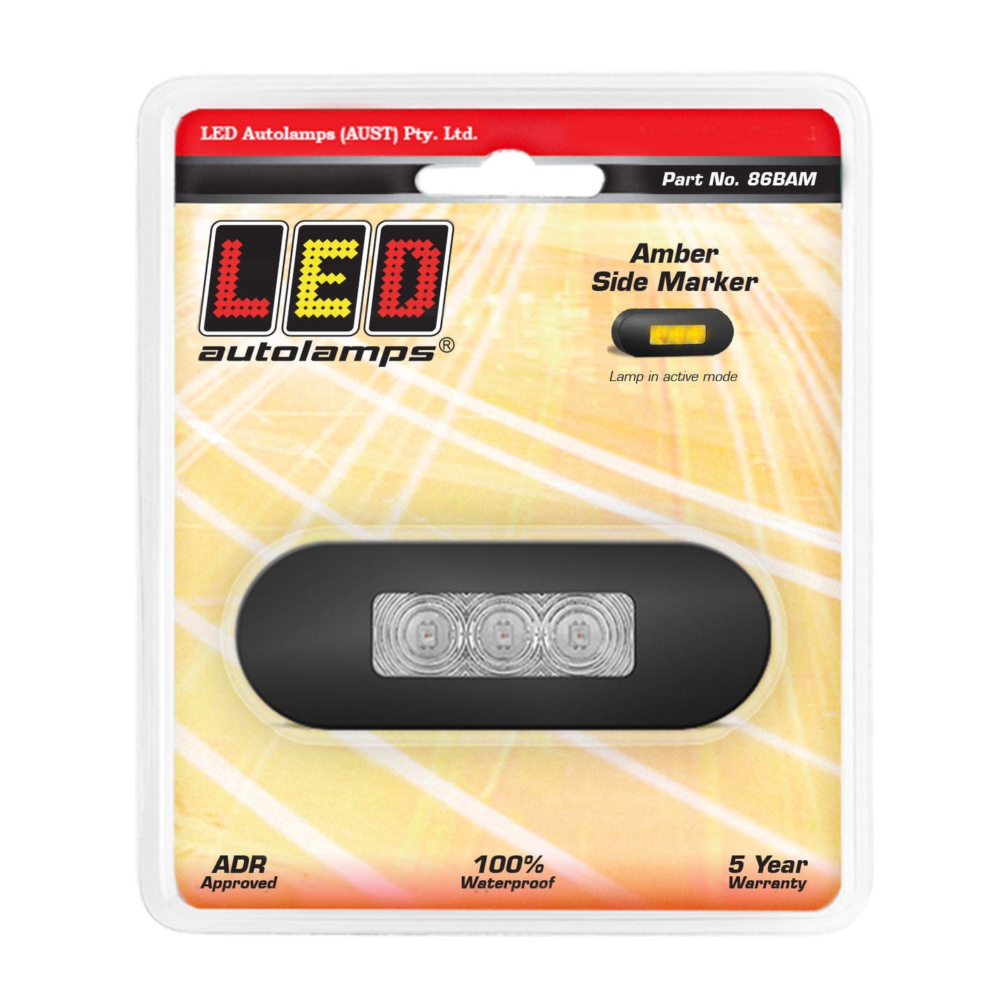 LED Autolamps Amber Marker, clear lens coloured LEDs, black stainless steel bezel, 12-24V, 86mmx31mmx10mm, Blister, ADR - 46827 - 86BAM