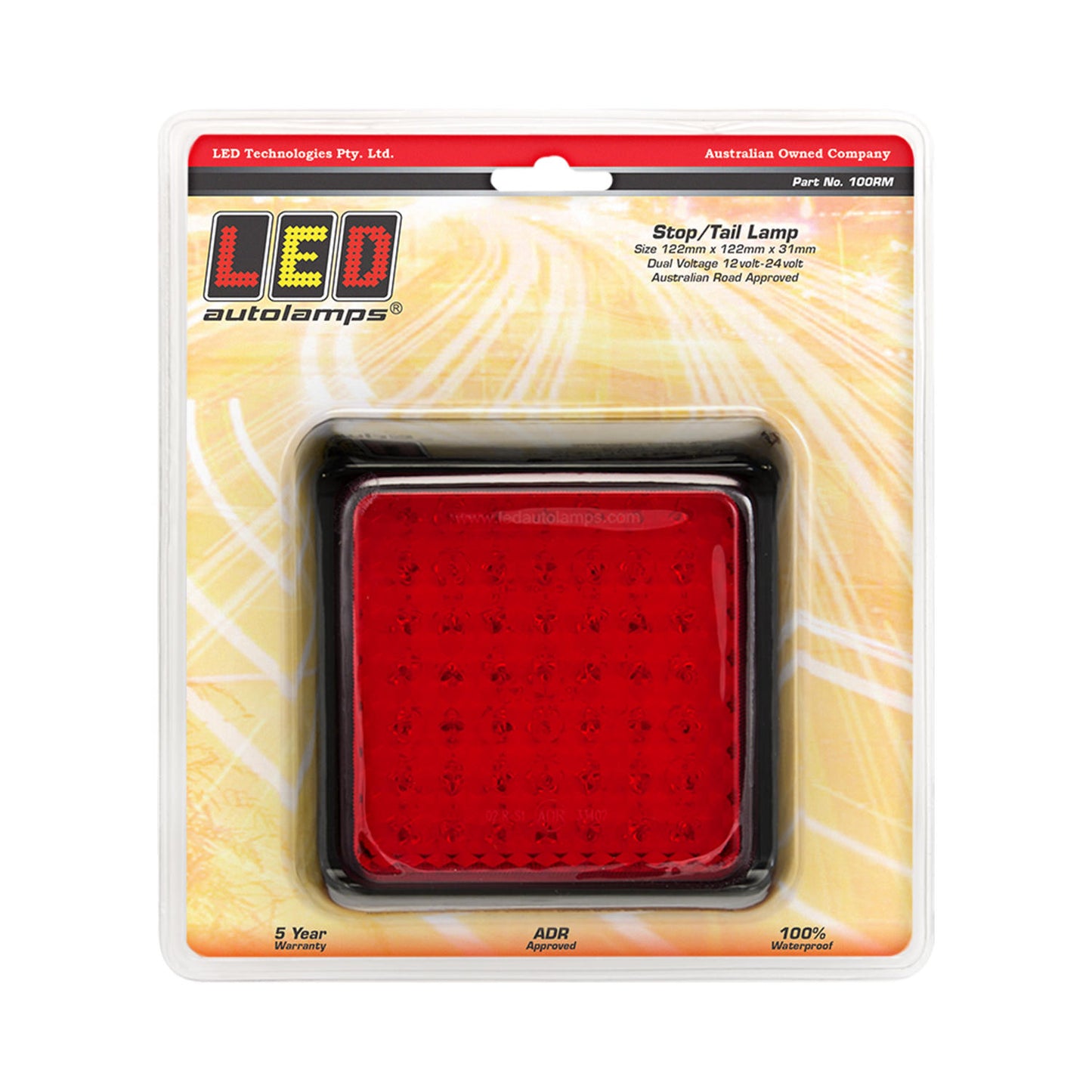 LED Autolamps 100 Series, Stop/Tail Lamp, Square, Black Bracket, 12/24 Volt, Single Blister - 100RM