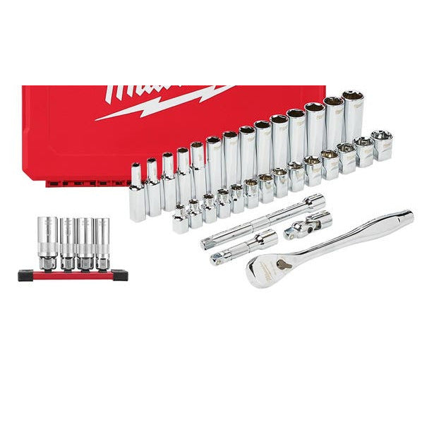 MILWAUKEE 3/8 Drive Metric Ratchet and Socket Set with Bonus Spark Plug Sockets - 32 Piece MRSS36
