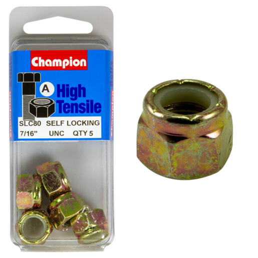 Champion Nylon Insert Lock Nuts 7/16in UNC Zinc Plated Pack of 5 SLC80