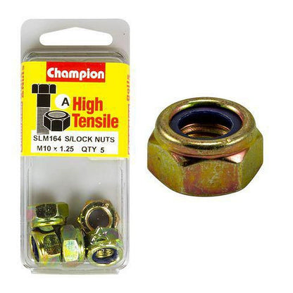 Champion Self-Locking Hex Nut with Nylon Insert M10 x 1.25mm — Pack of 5