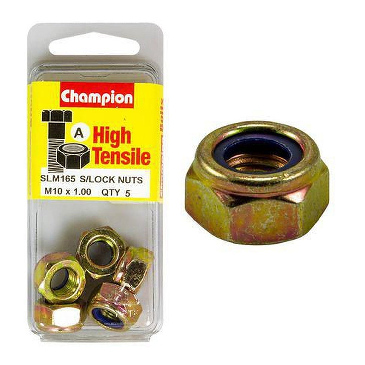 Champion Self-Locking Hex Nut with Nylon Insert M10 x 1.00mm — Pack of 5
