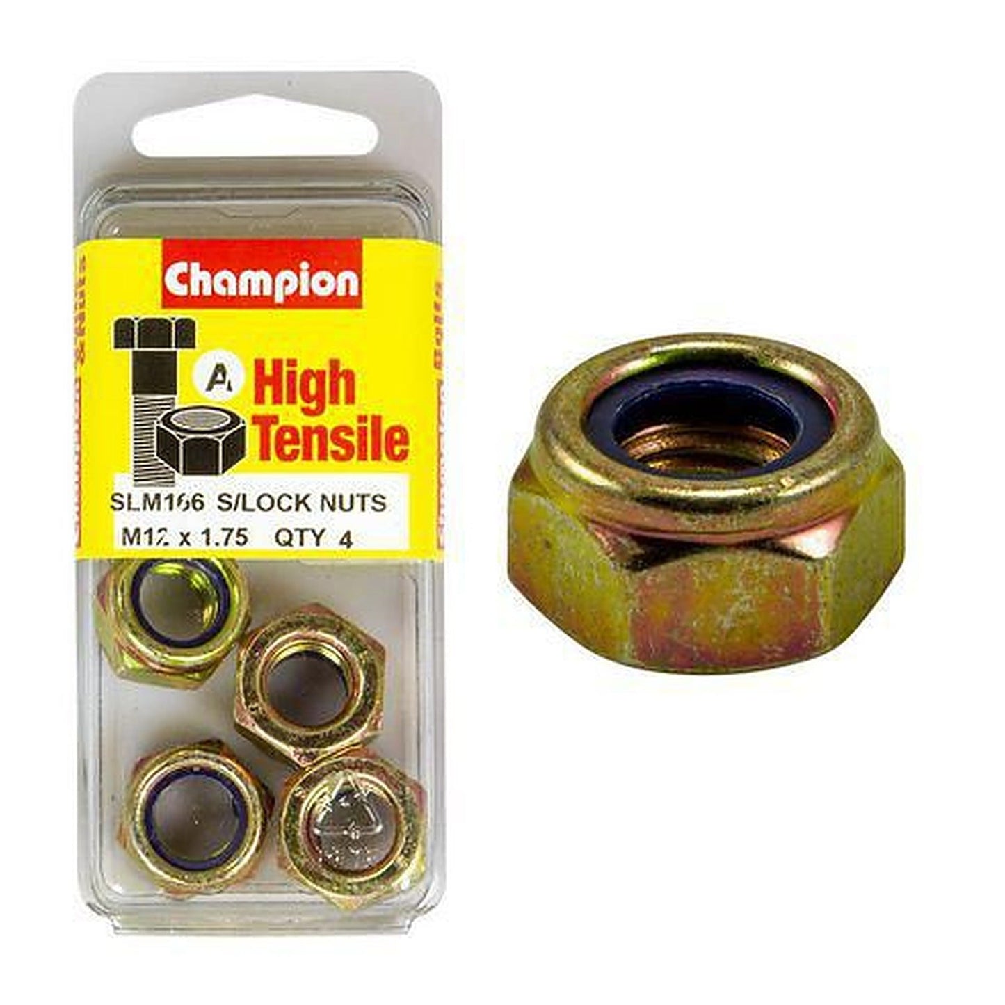 Champion Self-Locking Hex Nut with Nylon Insert M12 x 1.75mm — Pack of 4
