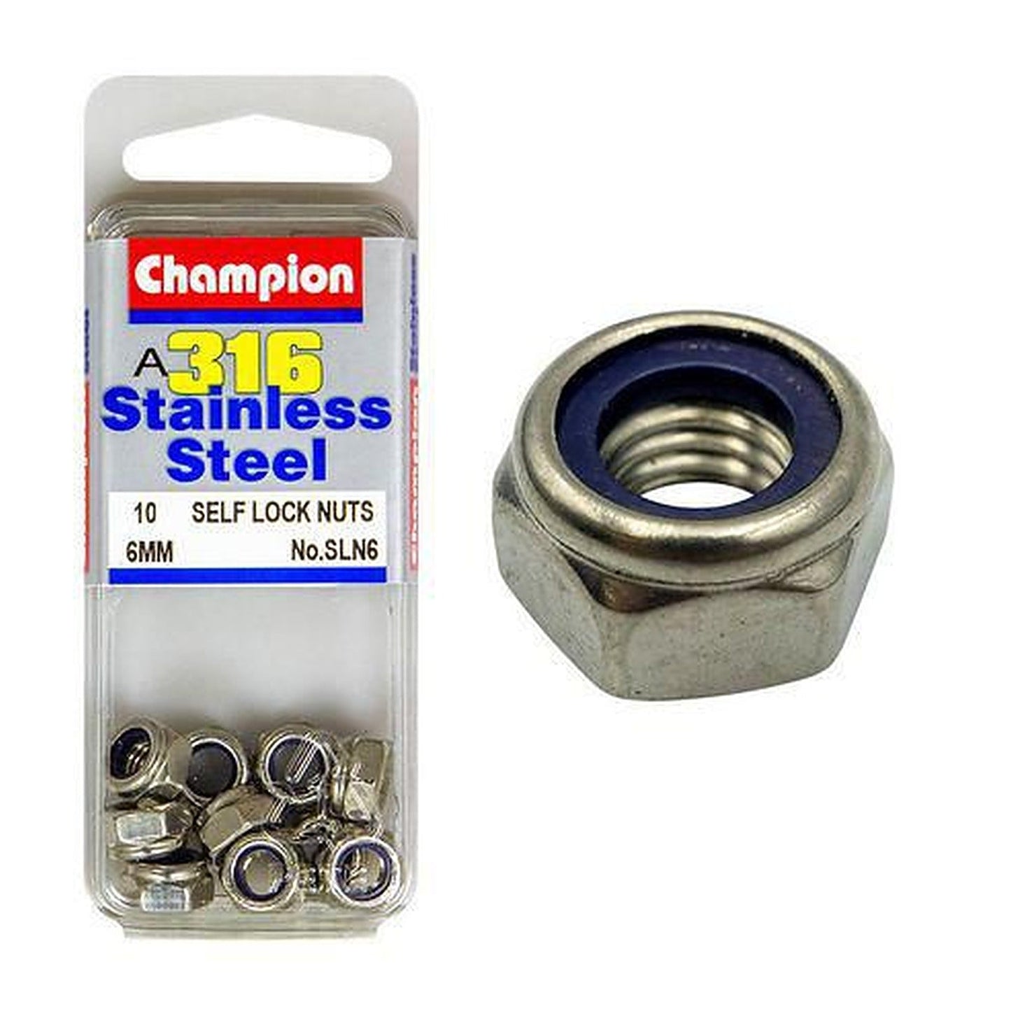 Champion 316/A4 Stainless Steel Self-Locking Hex Nut M6 x 1.00mm — Pack of 10