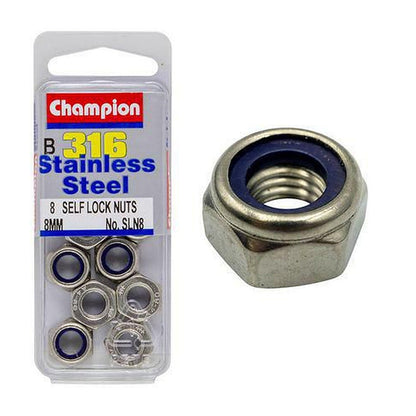 Champion 316/A4 Stainless Steel Self-Locking Hex Nut with Nylon Insert M8 x 1.25mm — Pack of 8