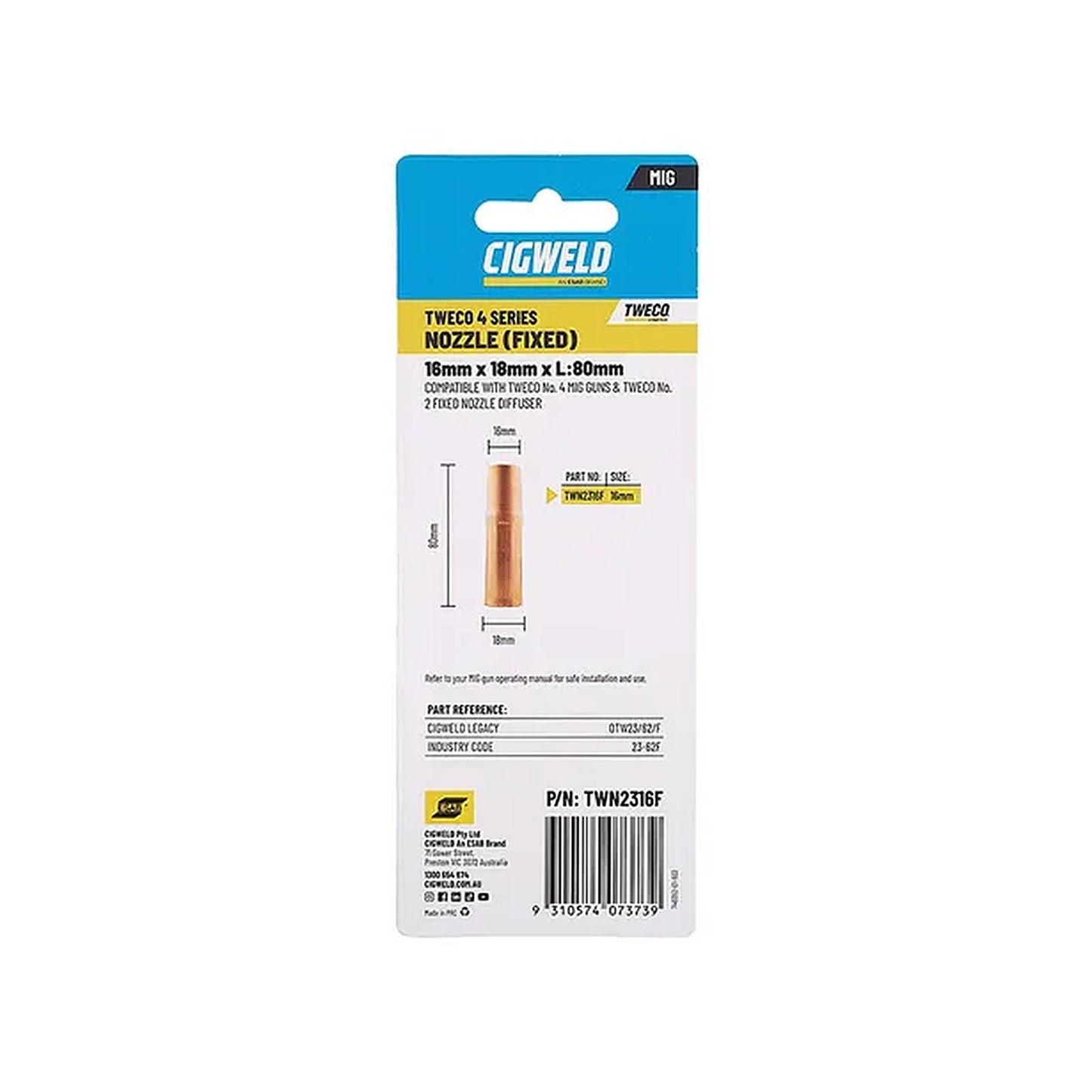 Cigweld Tweco 4 Fixed Nozzle 16mm — 2 Pack TWN2316F