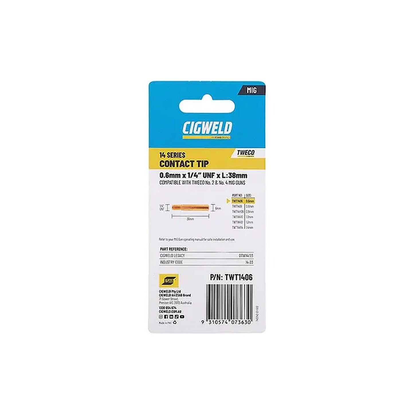 Cigweld Tweco 2/4 Contact Tip 0.6mm — 10 Pack TWT1406