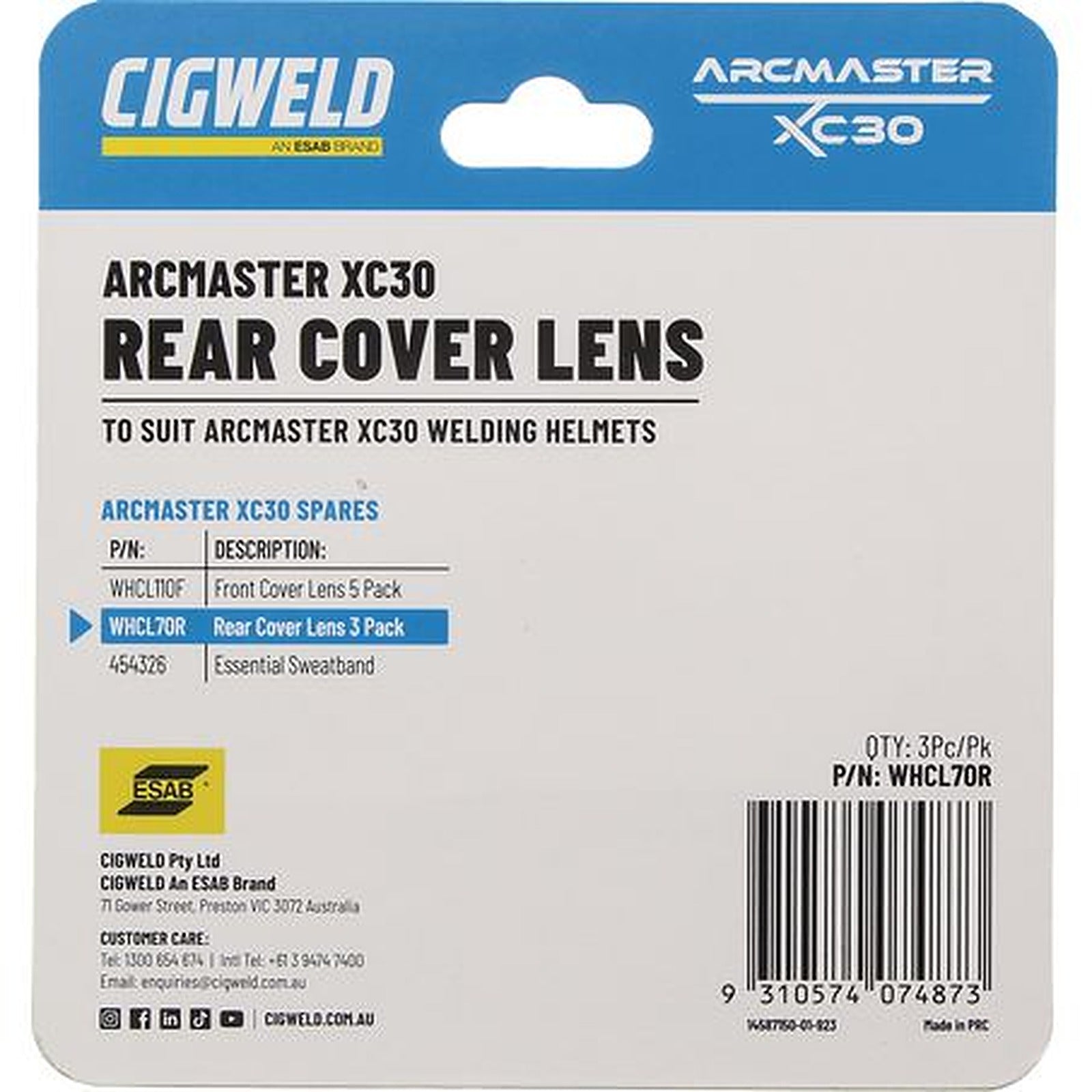 Cigweld Rear Cover Lens 3 Pack (Arcmaster XC30 Helmet) WHCL70R