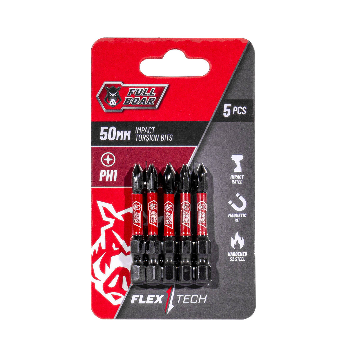 Full Boar PH1 x 50mm Impact Torsion Bit - 5 Pack