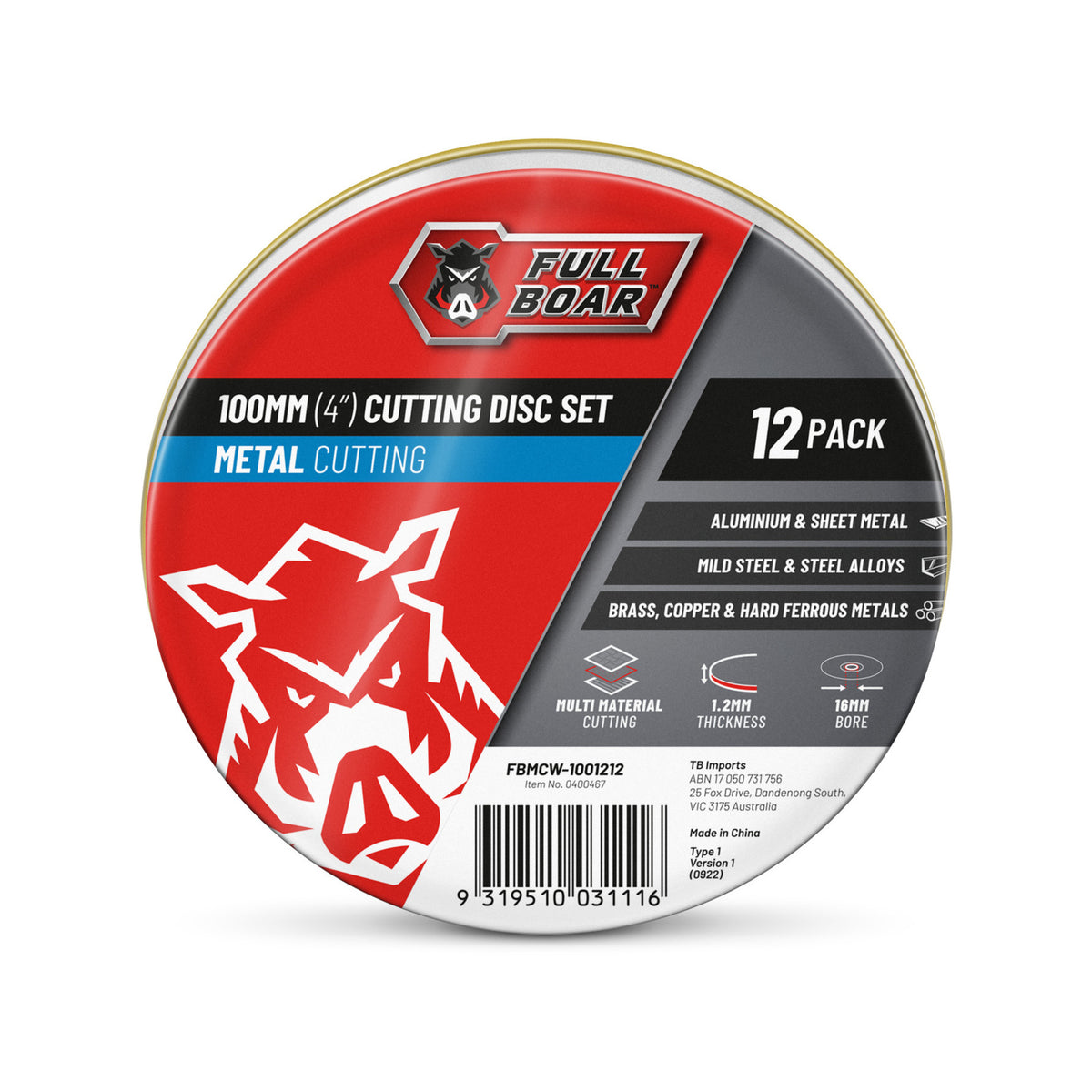 Full Boar 100mm (4") x 1.2 x 16mm Metal Cutting Disc - 12 Pack