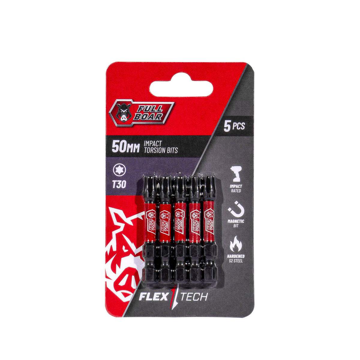 Full Boar T30 x 50mm Impact Torsion Bits Set - 5 Pack