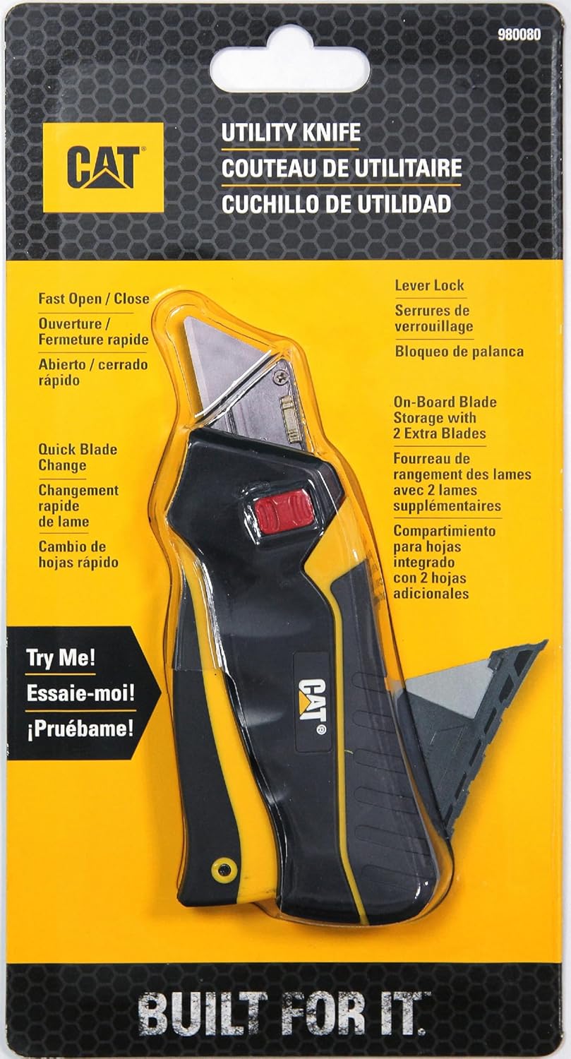 CAT 980080 5" Safety Squeeze Self-Retracting Utility Knife with 3 Round Point Blades