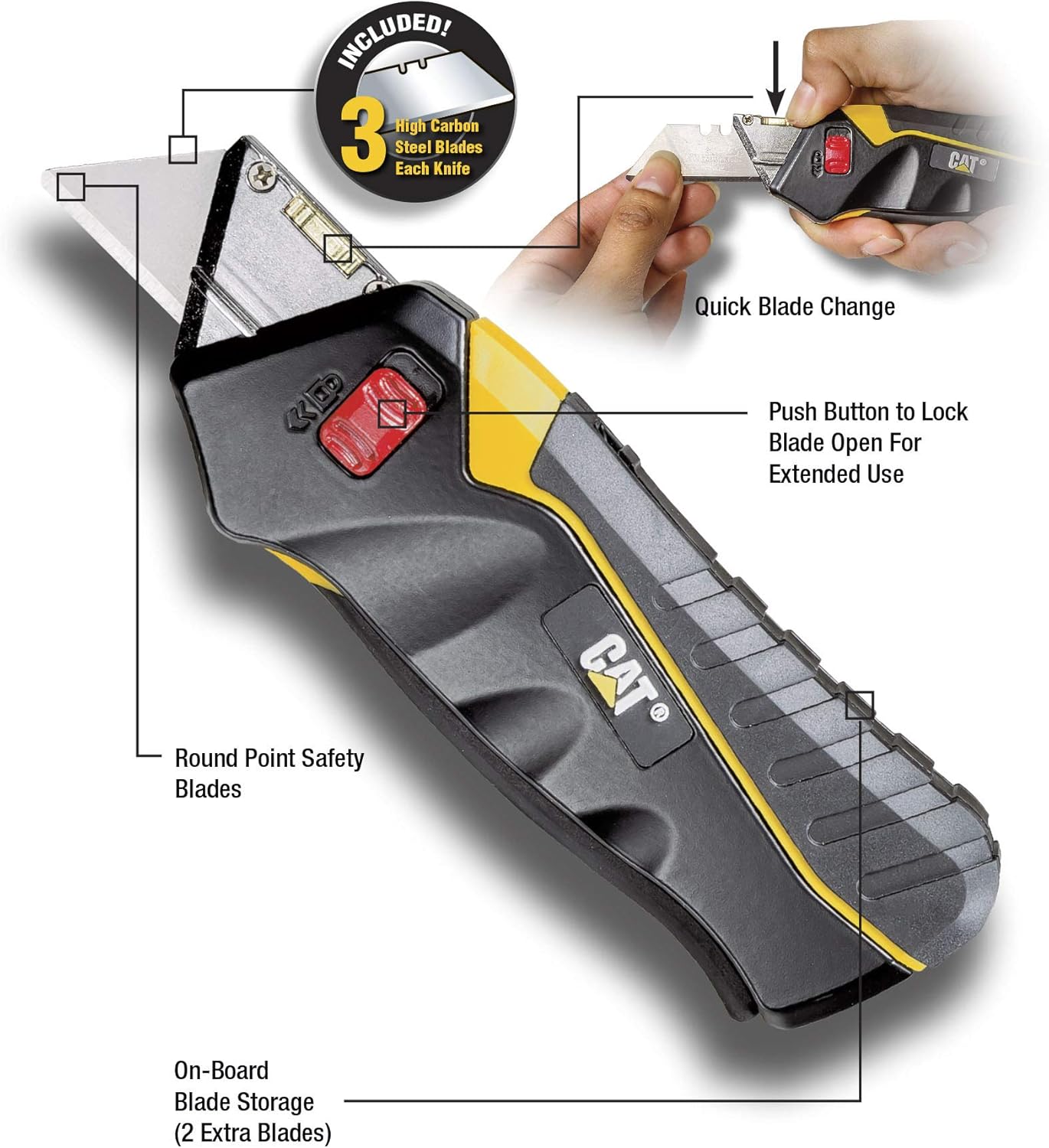 CAT 980080 5" Safety Squeeze Self-Retracting Utility Knife with 3 Round Point Blades