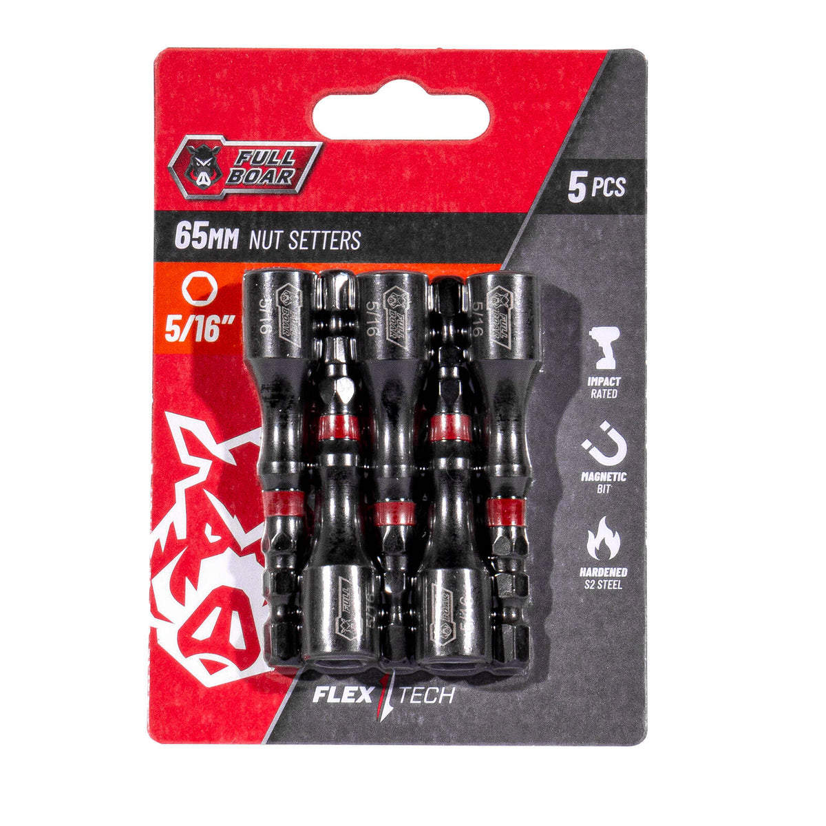 Full Boar 5/16" x 65mm Magnetic Impact Nut Setters - 5 Pack