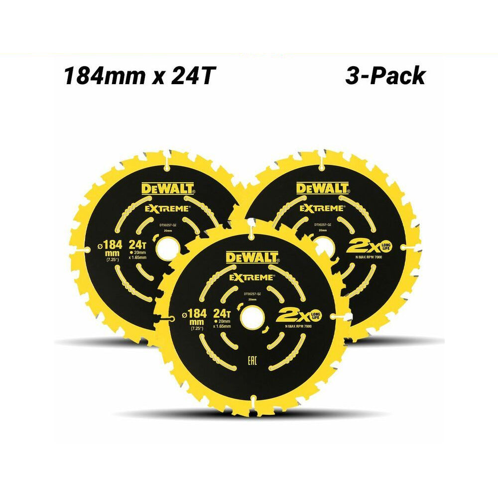 DeWalt DT90261-QZ 3-Pack 184mm x 24T (16/20mm) EXTREME 2x Life Circular Saw Blade