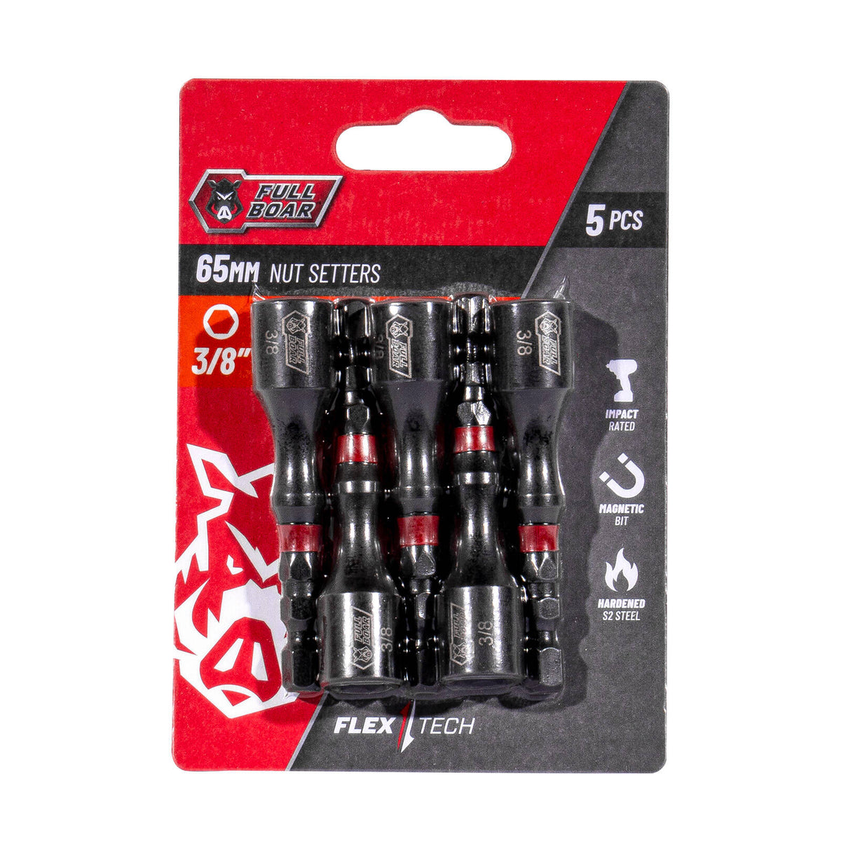 Full Boar 3/8" x 65mm Magnetic Impact Nut Setters - 5 Pack