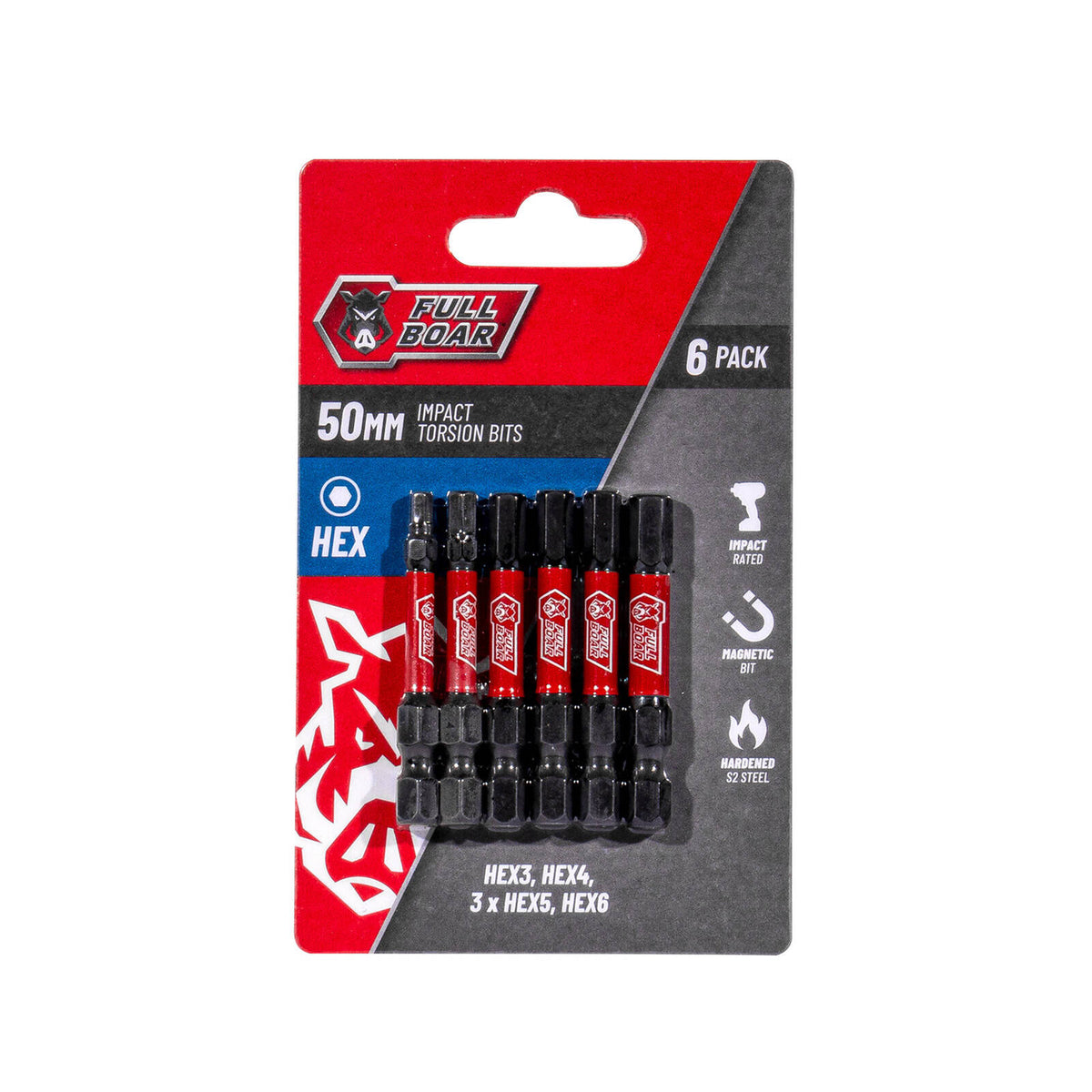 Full Boar HEX x 50mm Impact Torsion Bit Set FHXSET-506 - 6 Pack