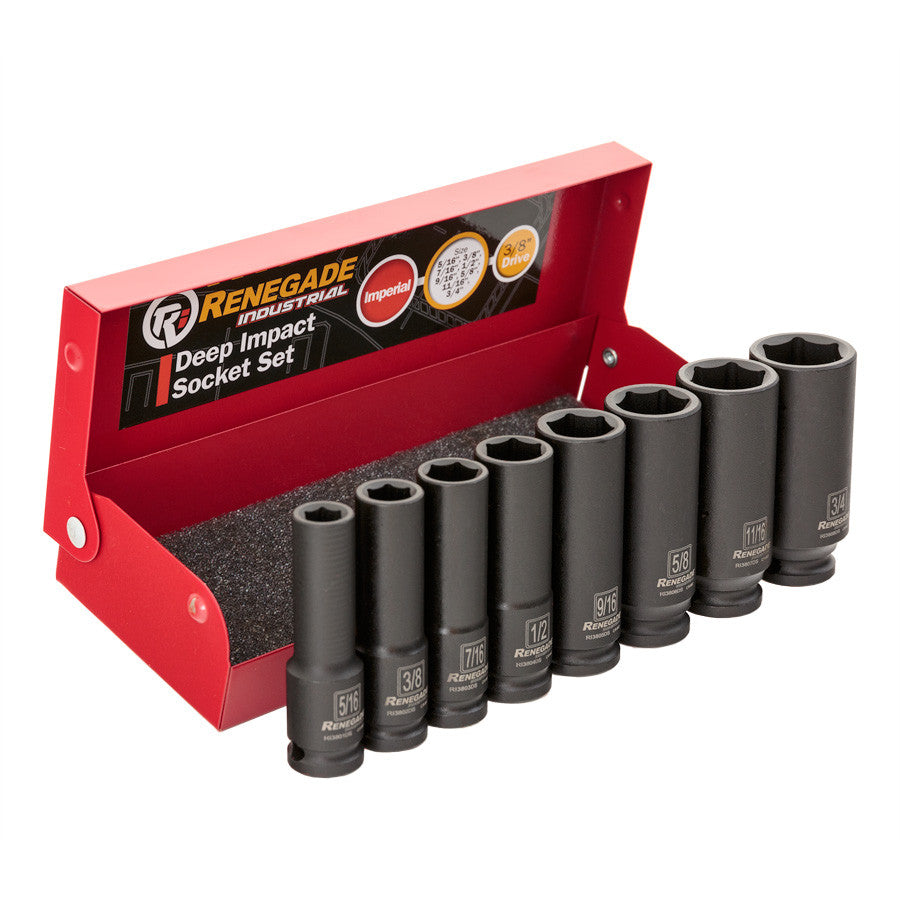 Renegade Industrial 3/8" Drive 8 Piece Imperial Deep Impact Sockets Set - RIDII388